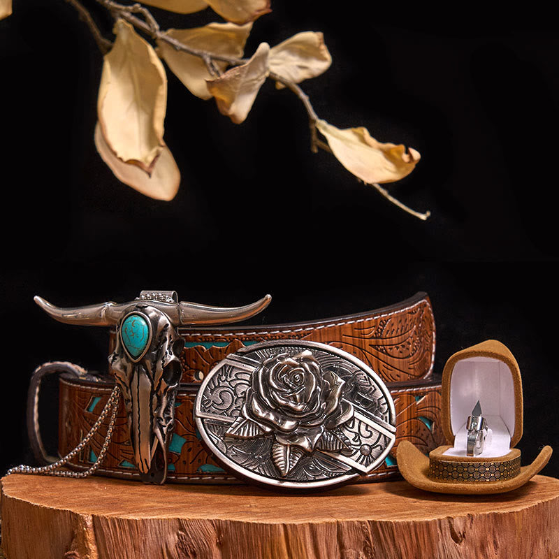 DIY Hidden Knife Belt Buckle Turquoise Bull Pendant Knife Ring Bundle Set