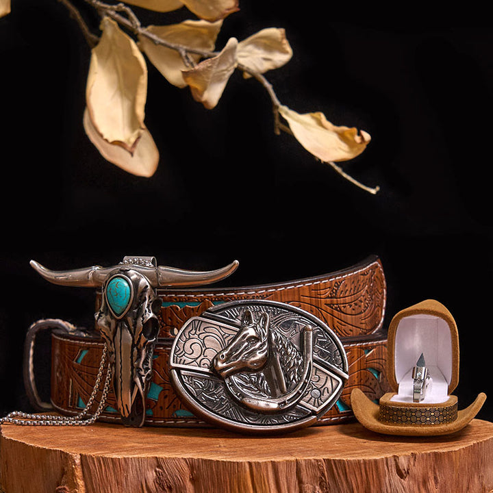 DIY Hidden Knife Belt Buckle Turquoise Bull Pendant Knife Ring Bundle Set