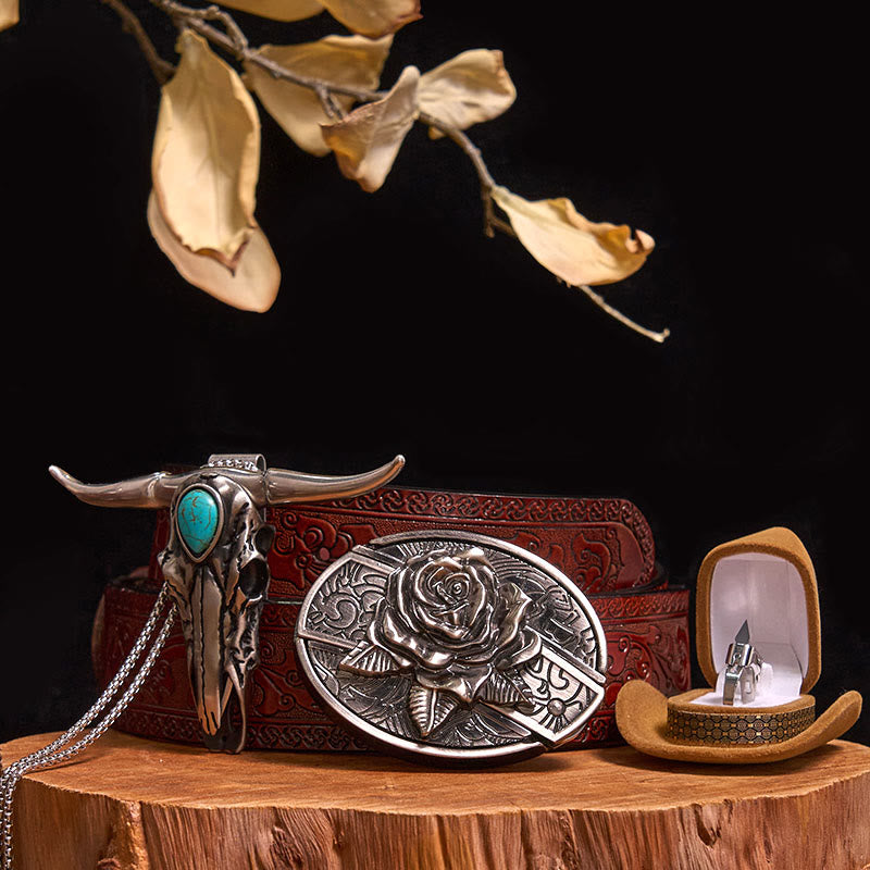 DIY Hidden Knife Belt Buckle Turquoise Bull Pendant Knife Ring Bundle Set