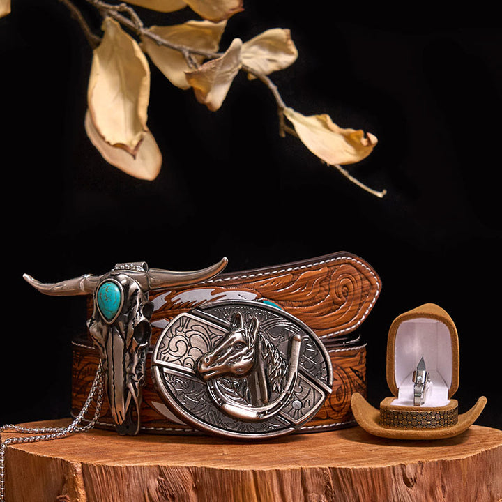 DIY Hidden Knife Belt Buckle Turquoise Bull Pendant Knife Ring Bundle Set