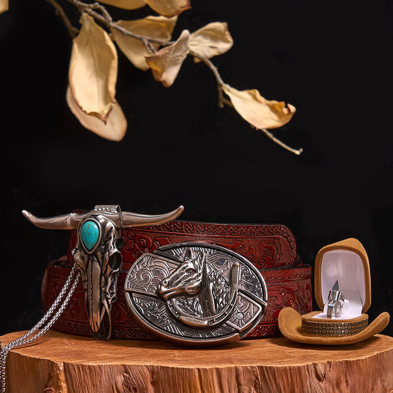 DIY Hidden Knife Belt Buckle Turquoise Bull Pendant Knife Ring Bundle Set