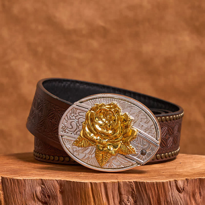 Men's DIY Gold & Silver Rose Hidden Folding Knife Leather Belt - Rose - Brown Rivet Belt - 42 - image 6
