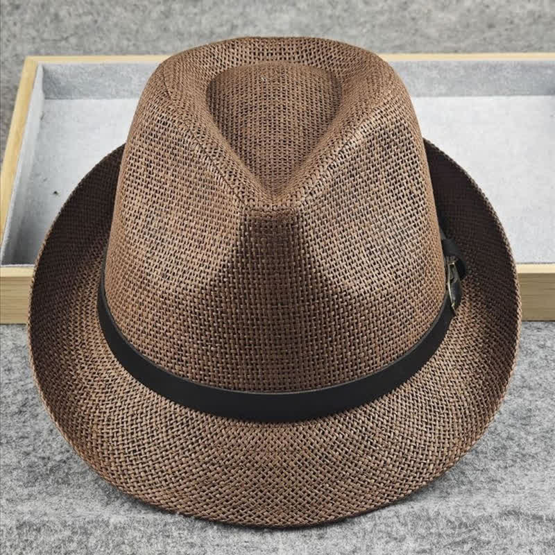 Men's British Plaid Houndstooth Pattern Summer Straw Fedora Hat