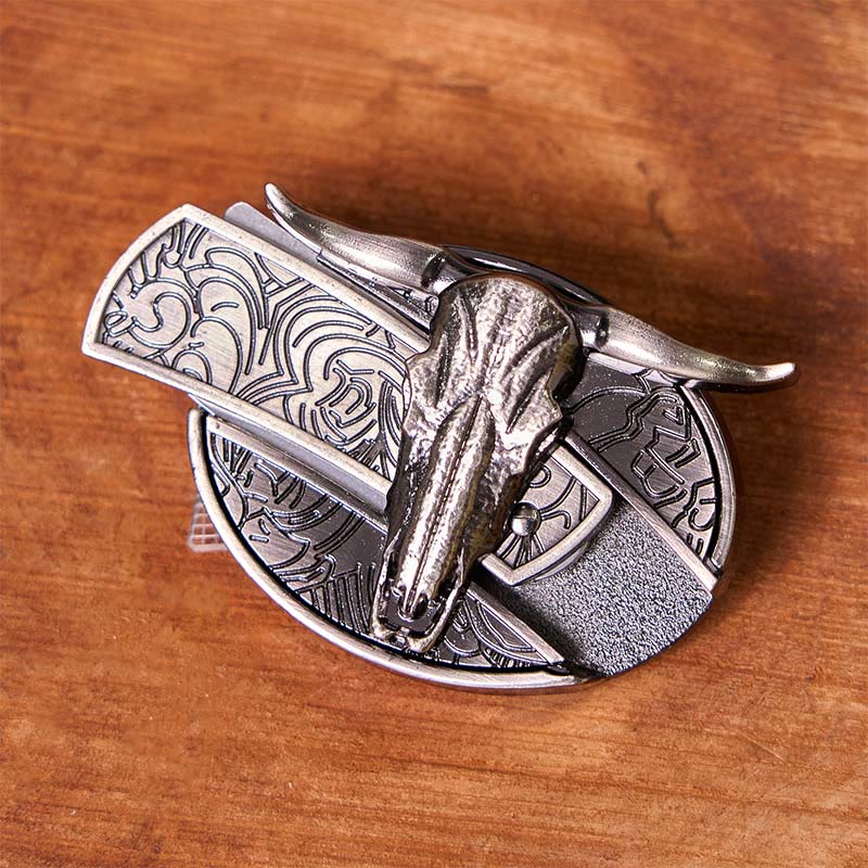 Bull's Head DIY Hidden Knife Silver Western Vintage Buckle Leather Belt - image 3