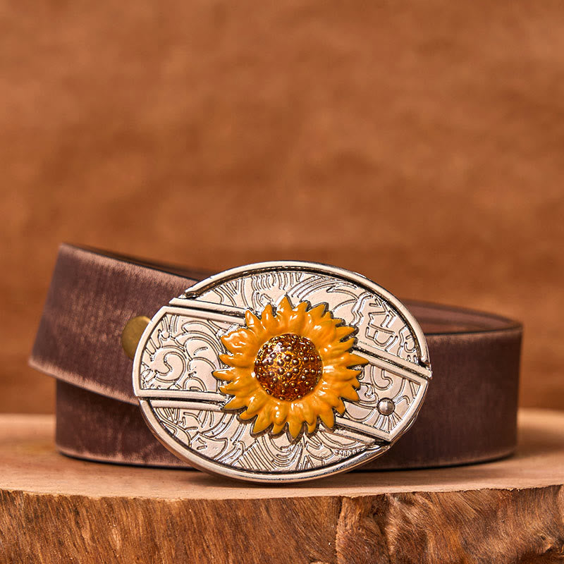 Men's Colorful Sunflower DIY Hidden Knife Western Buckle Leather Belt (Pre-Sale)