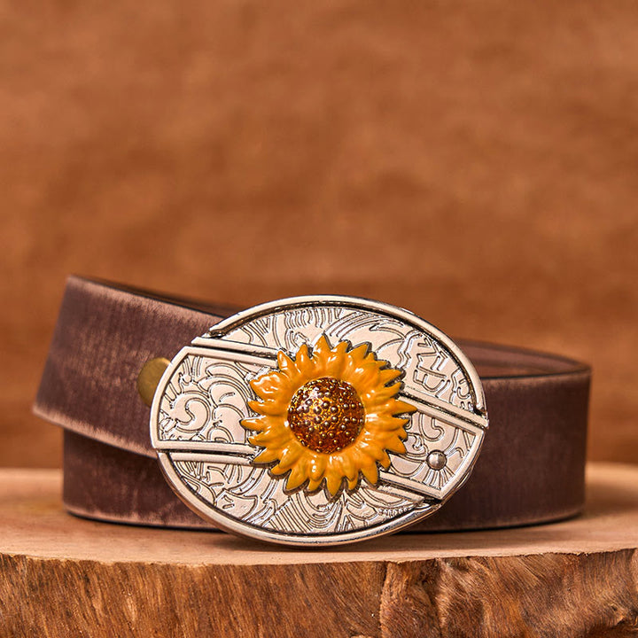 Men's Colorful Sunflower DIY Hidden Knife Western Buckle Leather Belt (Pre-Sale)