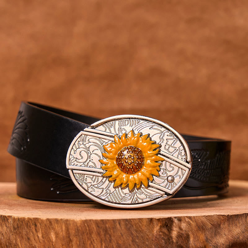Men's Colorful Sunflower DIY Hidden Knife Western Buckle Leather Belt (Pre-Sale)