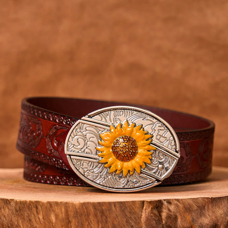 Men's Colorful Sunflower DIY Hidden Knife Western Buckle Leather Belt (Pre-Sale)