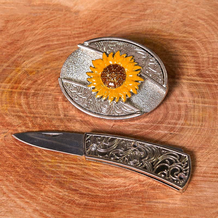Men's Colorful Sunflower DIY Hidden Knife Western Buckle Leather Belt (Pre-Sale)