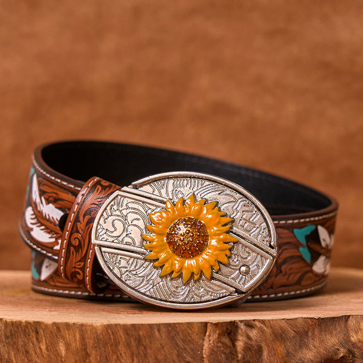 Men's Colorful Sunflower DIY Hidden Knife Western Buckle Leather Belt (Pre-Sale)