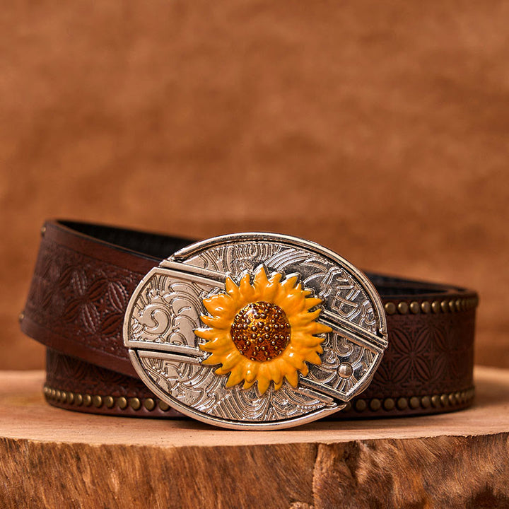 Men's Colorful Sunflower DIY Hidden Knife Western Buckle Leather Belt (Pre-Sale)