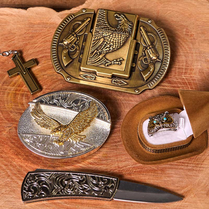 Flying Eagle DIY Hidden Knife Belt Buckle With Owl Ring Bundle Set