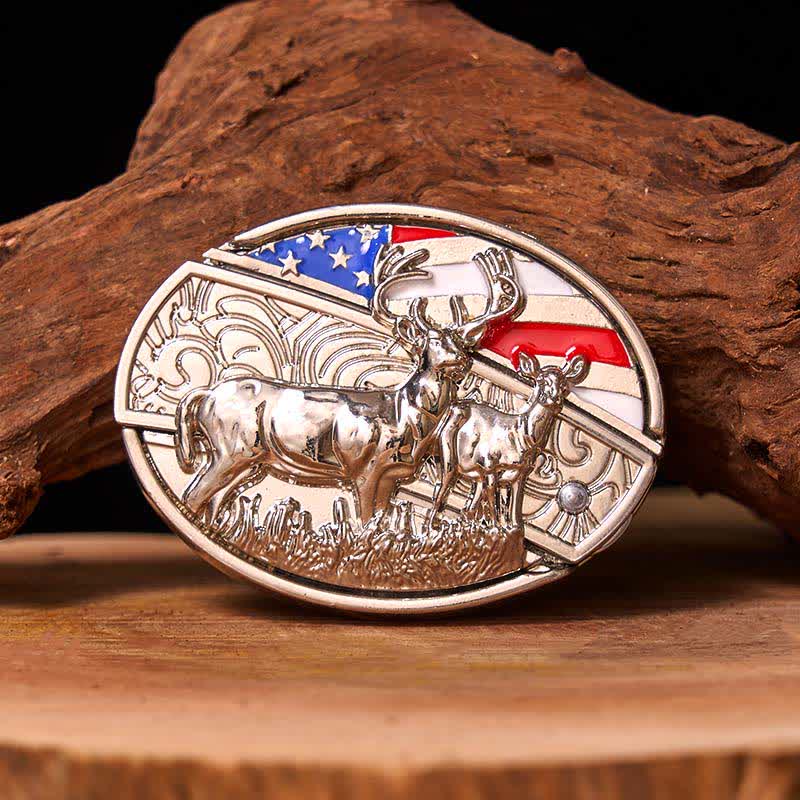 Men's DIY Enameled USA Flag & Deer Hidden Folding Knife Leather Belt (Pre-Sale)