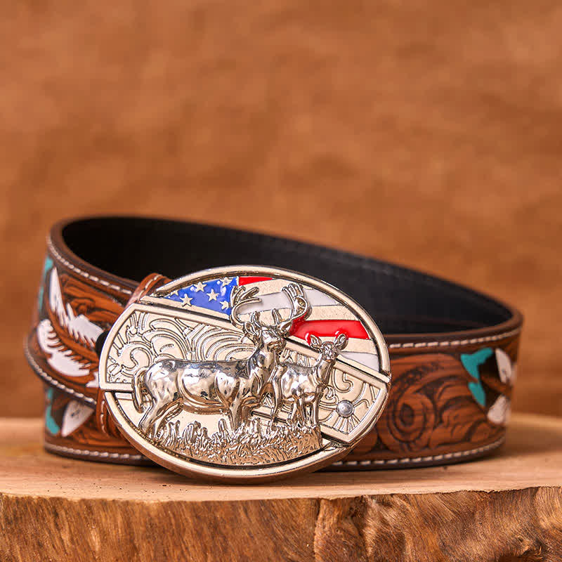 Men's DIY Enameled USA Flag & Deer Hidden Folding Knife Leather Belt (Pre-Sale)