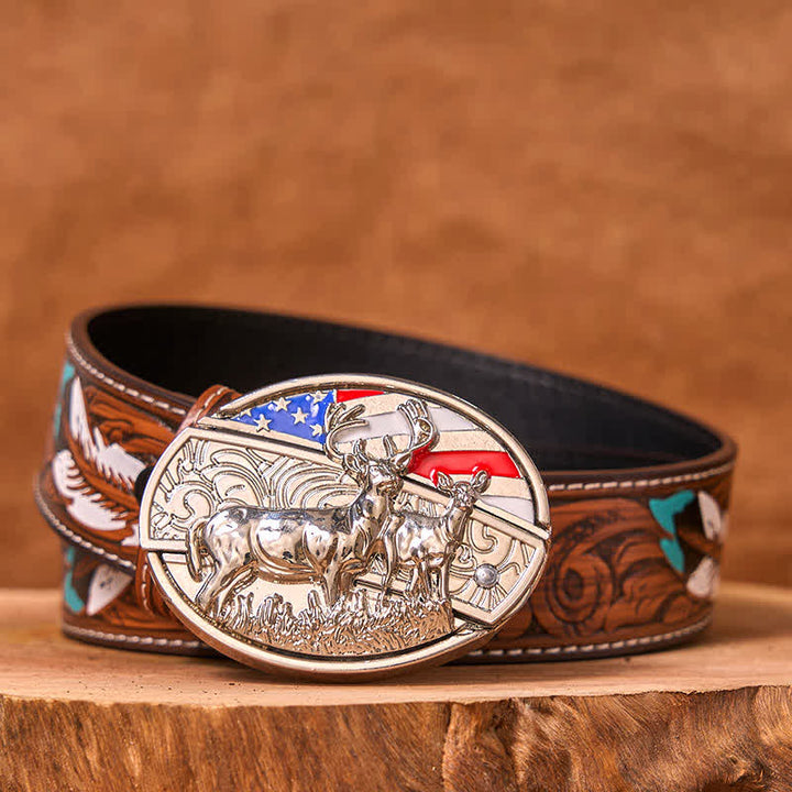 Men's DIY Enameled USA Flag & Deer Hidden Folding Knife Leather Belt (Pre-Sale)