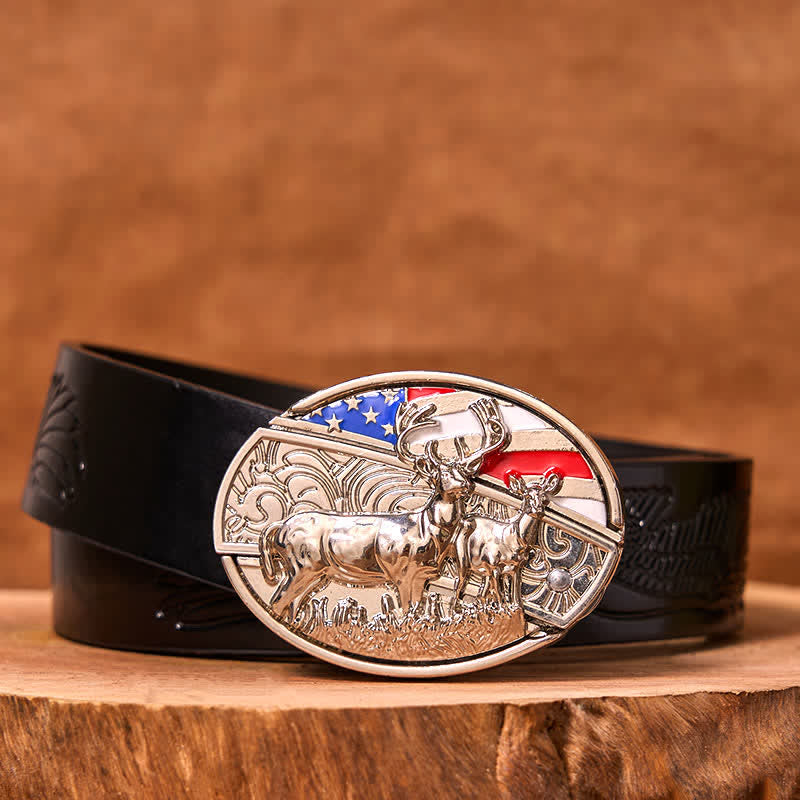 Men's DIY Enameled USA Flag & Deer Hidden Folding Knife Leather Belt (Pre-Sale)