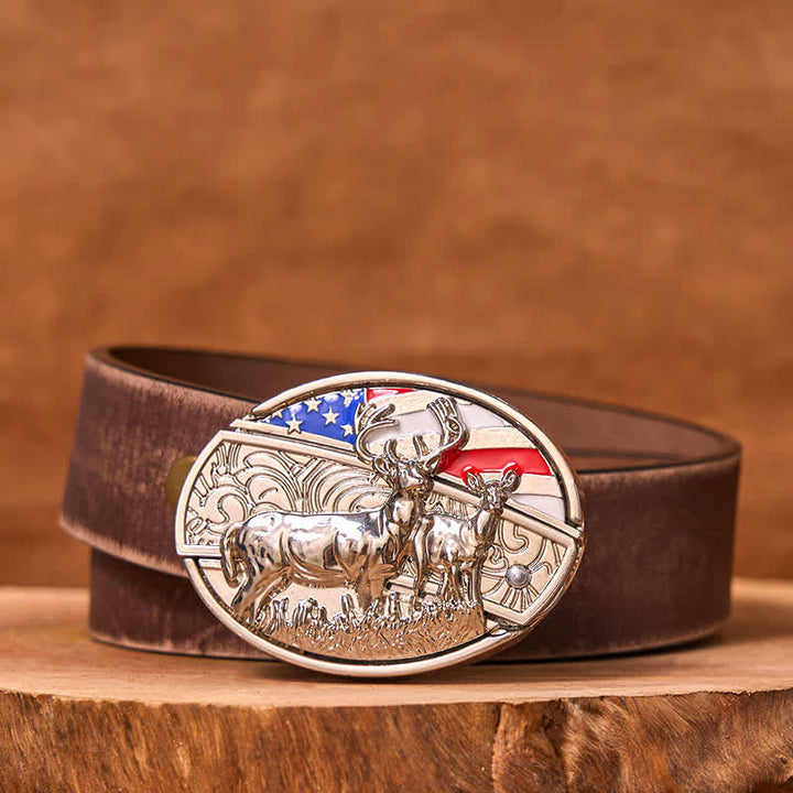 Men's DIY Enameled USA Flag & Deer Hidden Folding Knife Leather Belt (Pre-Sale)