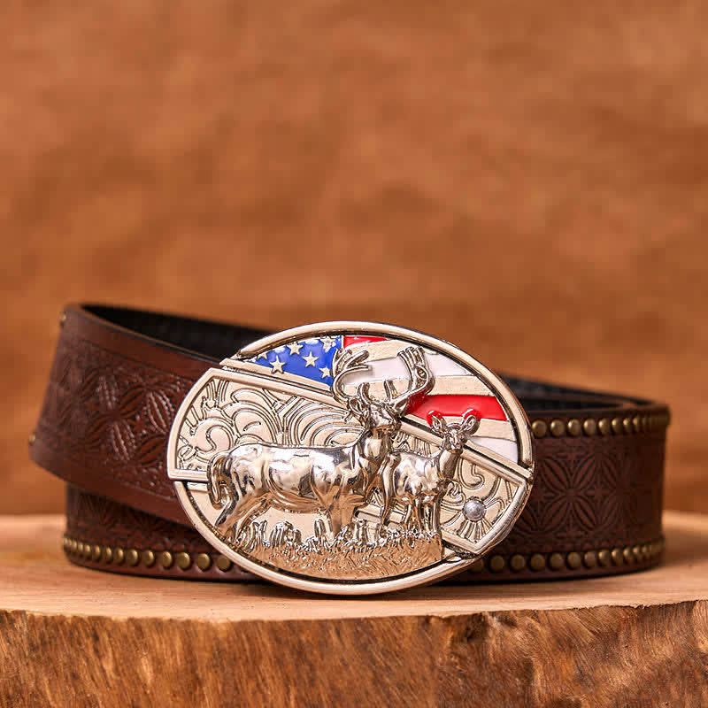 Men's DIY Enameled USA Flag & Deer Hidden Folding Knife Leather Belt (Pre-Sale)