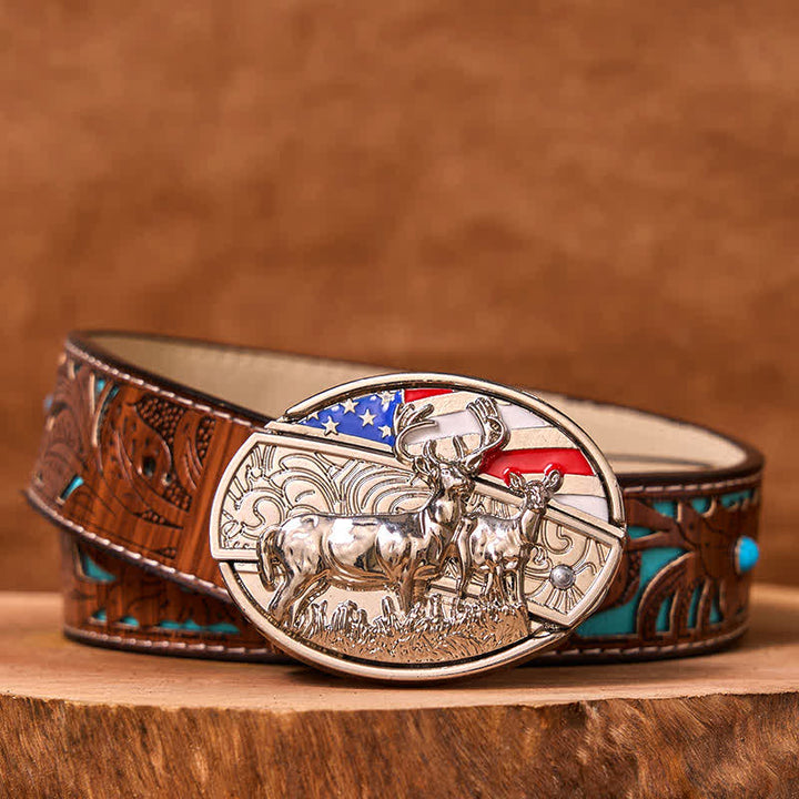 Men's DIY Enameled USA Flag & Deer Hidden Folding Knife Leather Belt (Pre-Sale)