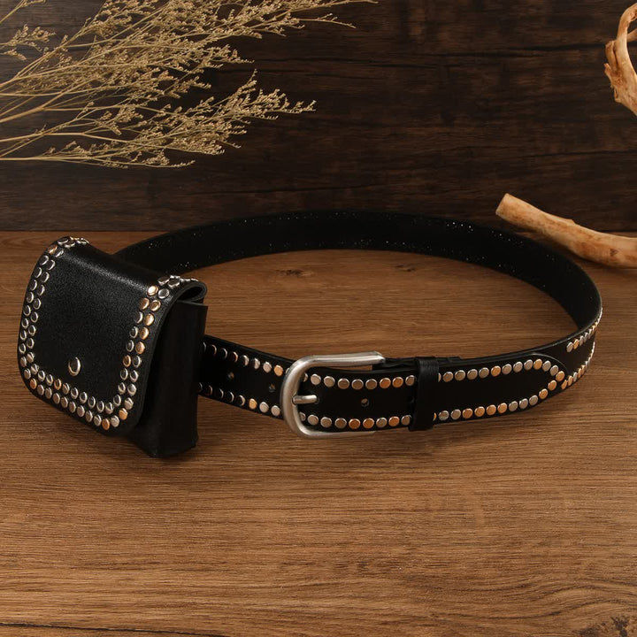 2Pcs Women's Punk Rivet Black Leather Belt With Belt Bag
