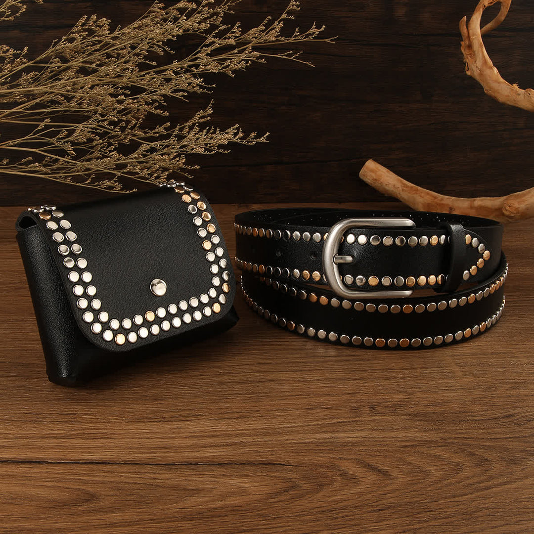 2Pcs Women's Punk Rivet Black Leather Belt With Belt Bag