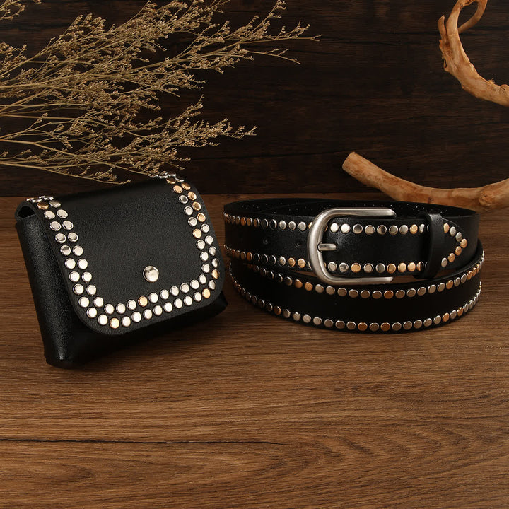 2Pcs Women's Punk Rivet Black Leather Belt With Belt Bag