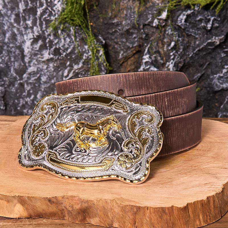 Gold Running Horse DIY Western Cowboy Buckle Leather Belt - Running Horse - Brown Distressed Belt - 42 - image 9