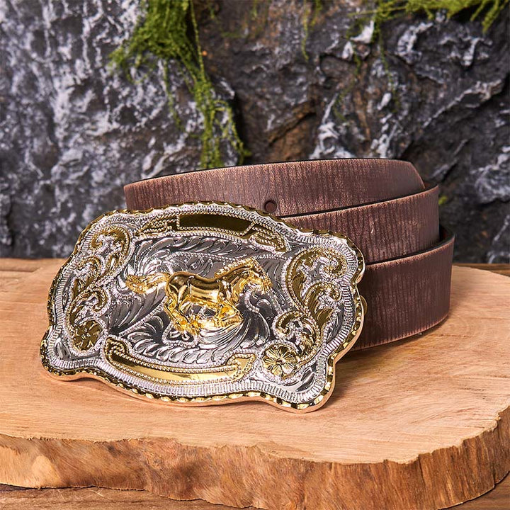 Gold Running Horse DIY Western Cowboy Buckle Leather Belt - Running Horse - Brown Distressed Belt - 42 - image 9