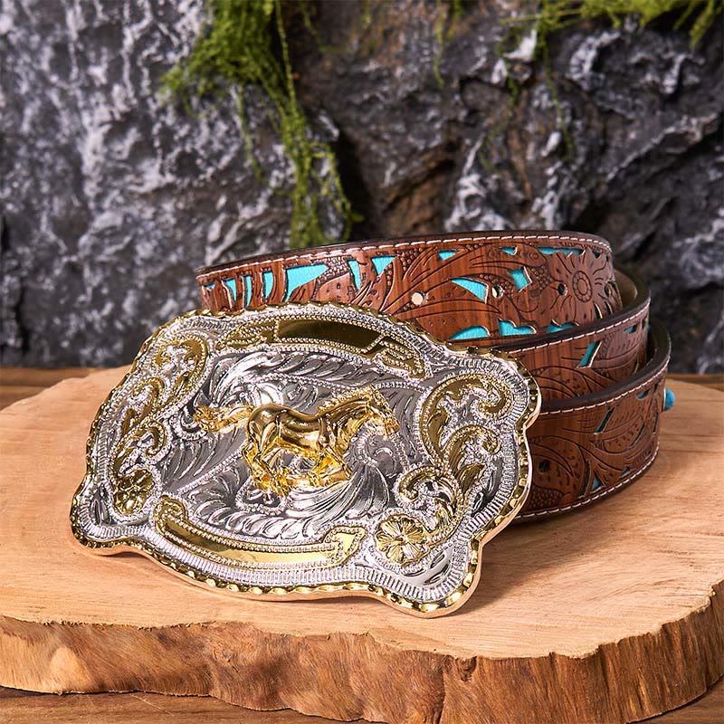 Gold Running Horse DIY Western Cowboy Buckle Leather Belt - Running Horse - Turquoise Carved Belt - 42 - image 7