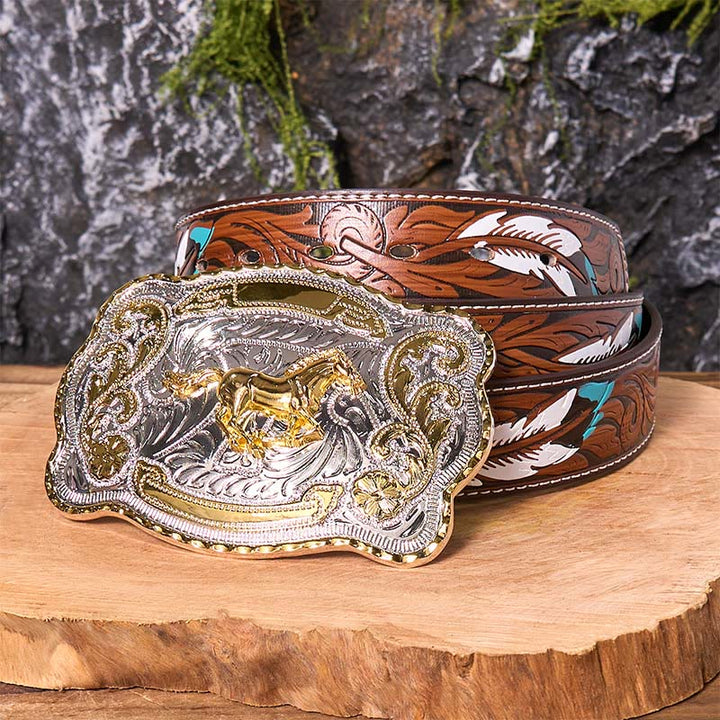 Gold Running Horse DIY Western Cowboy Buckle Leather Belt - Running Horse - Brown Feather Belt - 40 - image 11