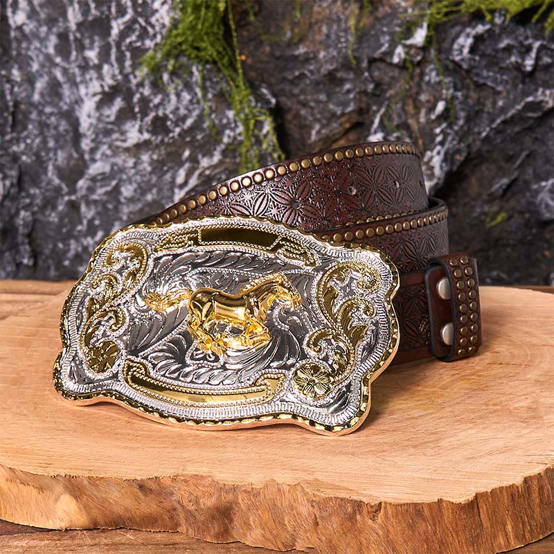 Gold Running Horse DIY Western Cowboy Buckle Leather Belt - Running Horse - Brown Rivet Belt - 42 - image 8