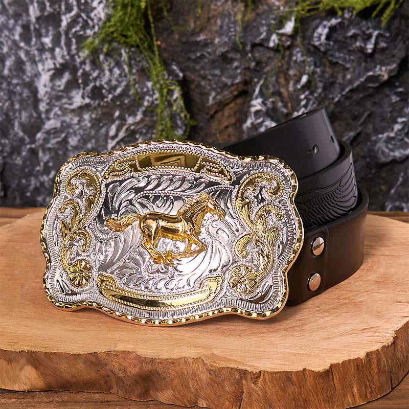 Gold Running Horse DIY Western Cowboy Buckle Leather Belt - Running Horse - Black Embossed Eagle Belt - 42 - image 6