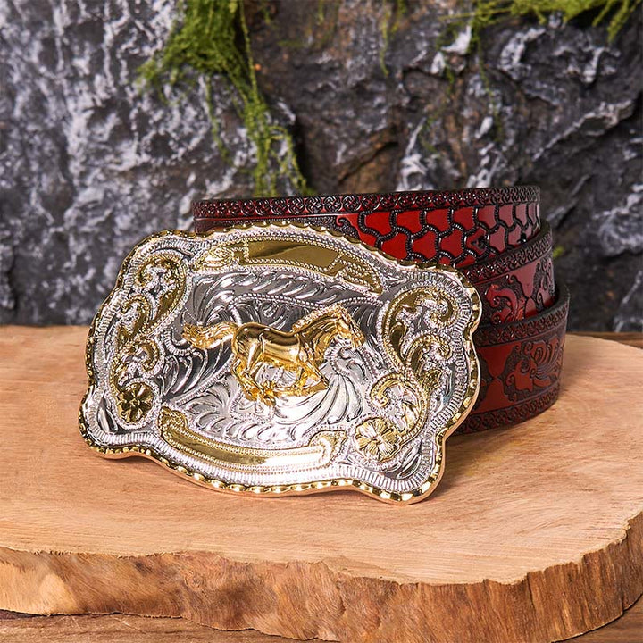 Gold Running Horse DIY Western Cowboy Buckle Leather Belt - Running Horse - Brown Carved Belt - 42 - image 10