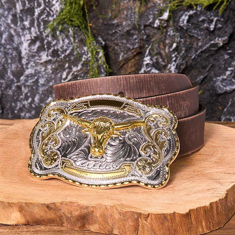 Gold Bull's Head DIY Western Cowboy Buckle Leather Belt - Gold Bull's Head - Brown Distressed Belt - 42 - image 9