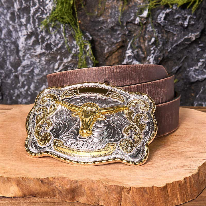 Gold Bull's Head DIY Western Cowboy Buckle Leather Belt - Gold Bull's Head - Brown Distressed Belt - 42 - image 9