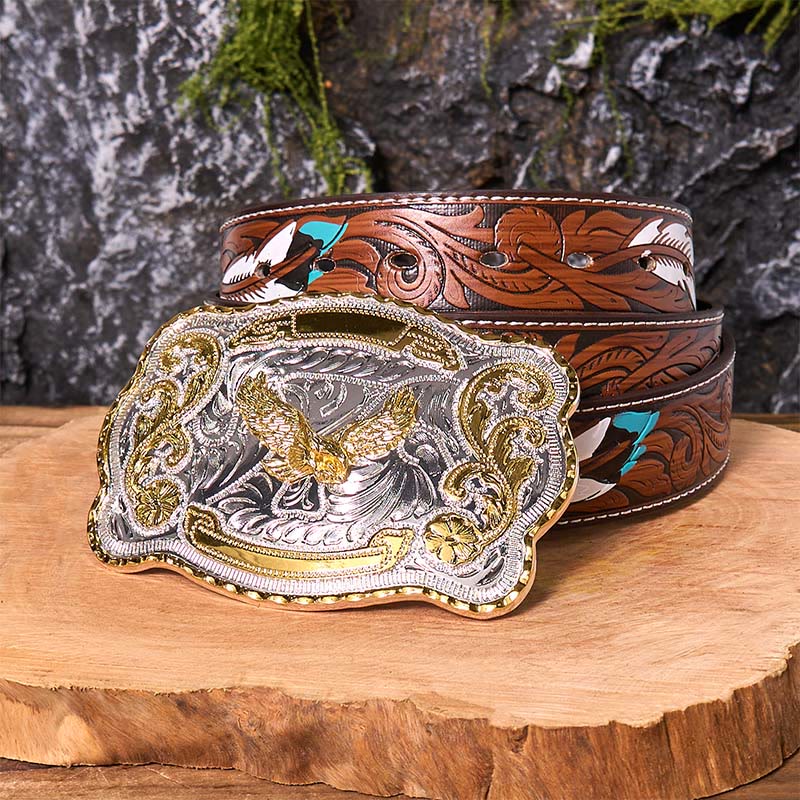 Gold Flying Eagle DIY Western Cowboy Buckle Leather Belt - Flying Eagle - Brown Feather Belt - 40 - image 11