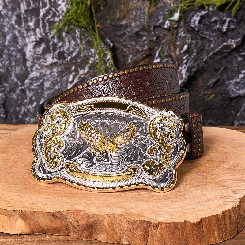 Gold Flying Eagle DIY Western Cowboy Buckle Leather Belt - Flying Eagle - Brown Rivet Belt - 42 - image 8