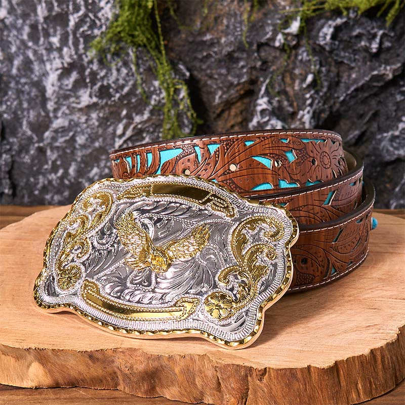 Gold Flying Eagle DIY Western Cowboy Buckle Leather Belt - Flying Eagle - Turquoise Carved Belt - 42 - image 7