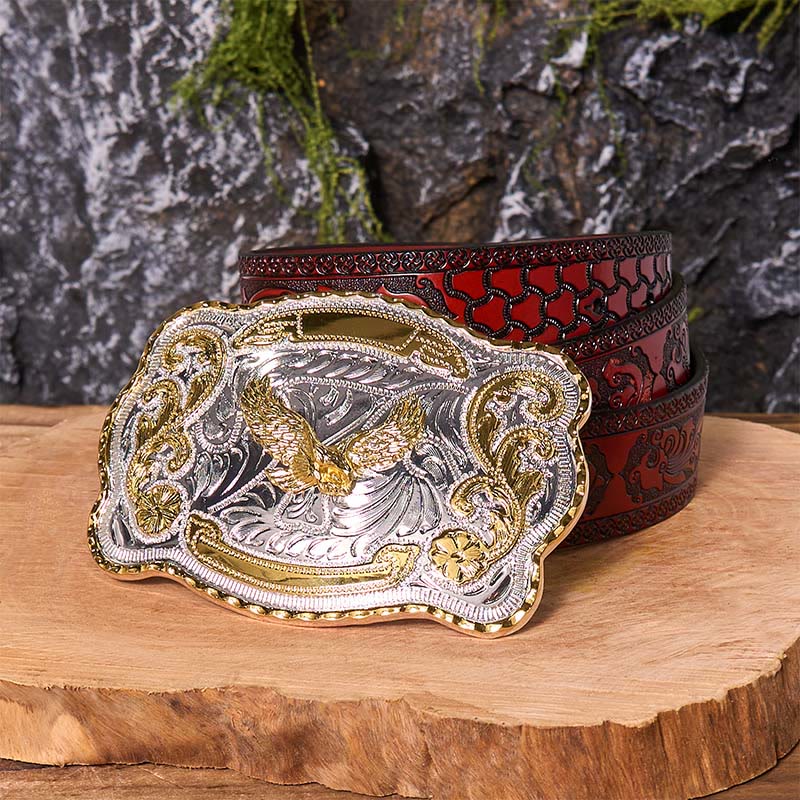 Gold Flying Eagle DIY Western Cowboy Buckle Leather Belt - Flying Eagle - Brown Carved Belt - 42 - image 10