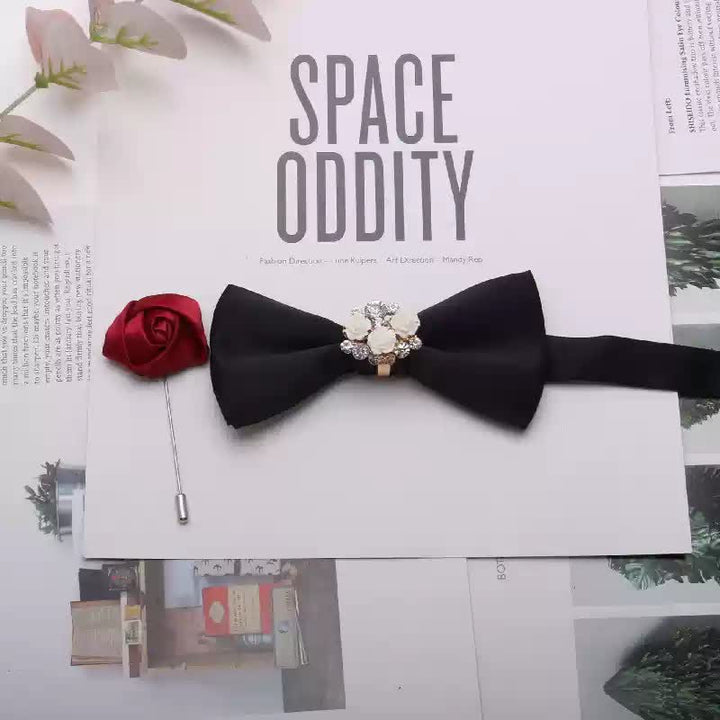 2Pcs Men's Gold Metal Pearl Flower Decors Red Corsage Bow Tie Set
