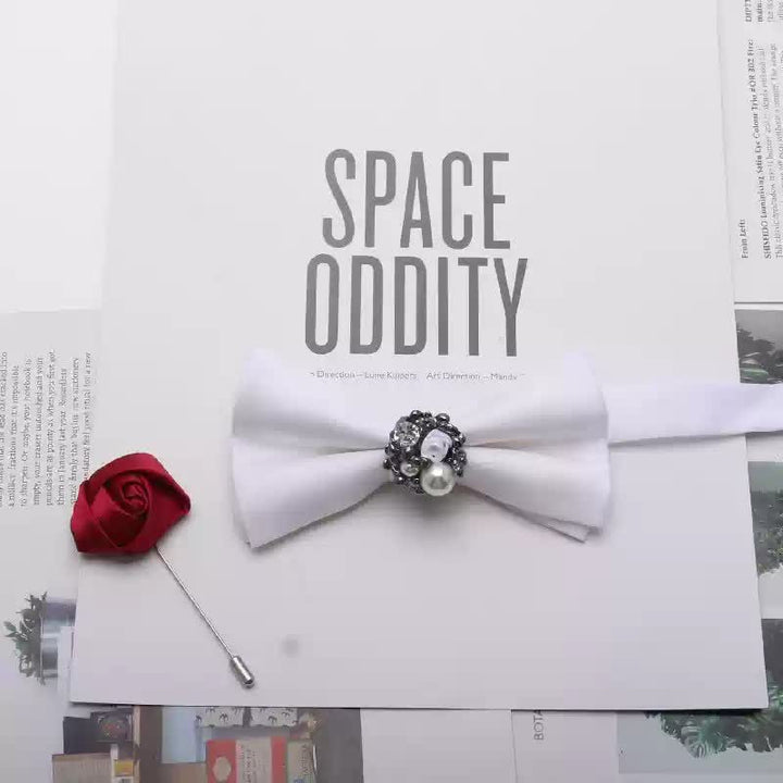 2Pcs Men's Gold Metal Pearl Flower Decors Red Corsage Bow Tie Set