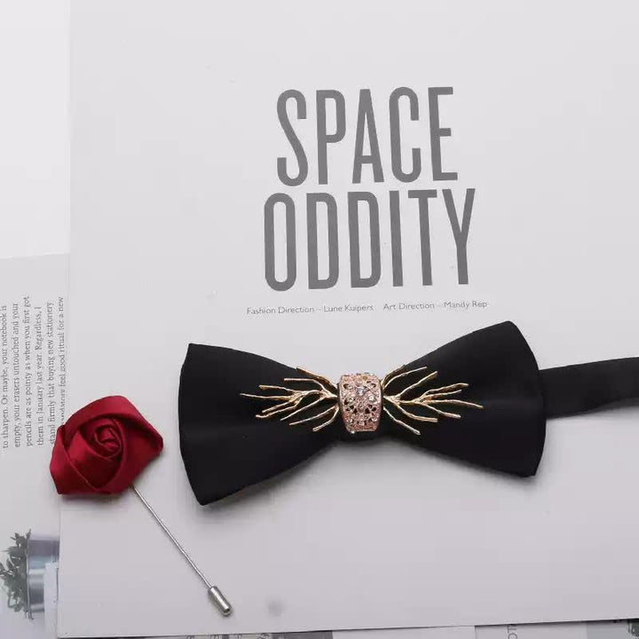 2Pcs Men's Gold Metal Pearl Flower Decors Red Corsage Bow Tie Set