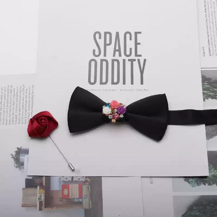 2Pcs Men's Gold Metal Pearl Flower Decors Red Corsage Bow Tie Set