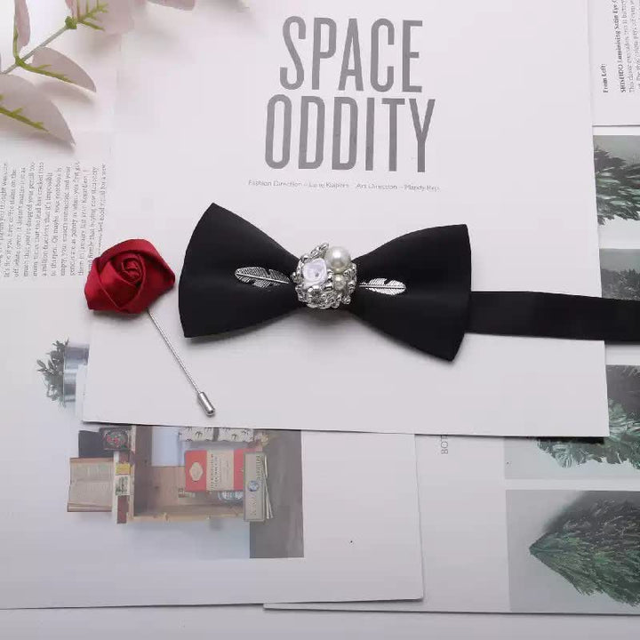 2Pcs Men's Gold Metal Pearl Flower Decors Red Corsage Bow Tie Set