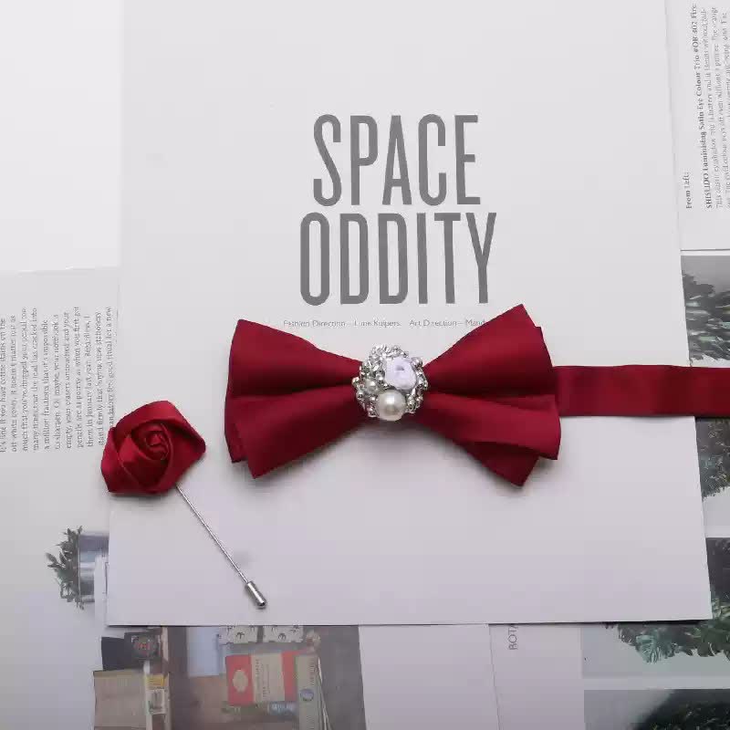 2Pcs Men's Gold Metal Pearl Flower Decors Red Corsage Bow Tie Set