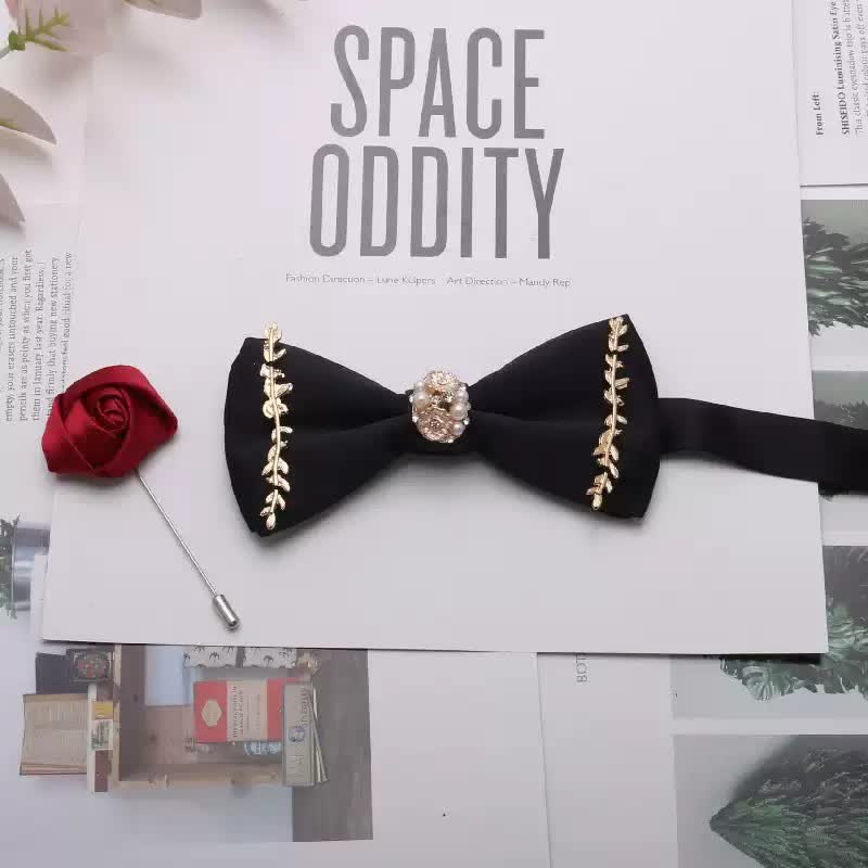 2Pcs Men's Gold Metal Pearl Flower Decors Red Corsage Bow Tie Set