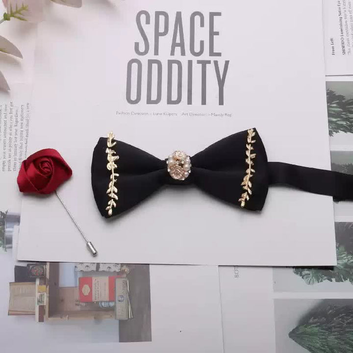 2Pcs Men's Gold Metal Pearl Flower Decors Red Corsage Bow Tie Set