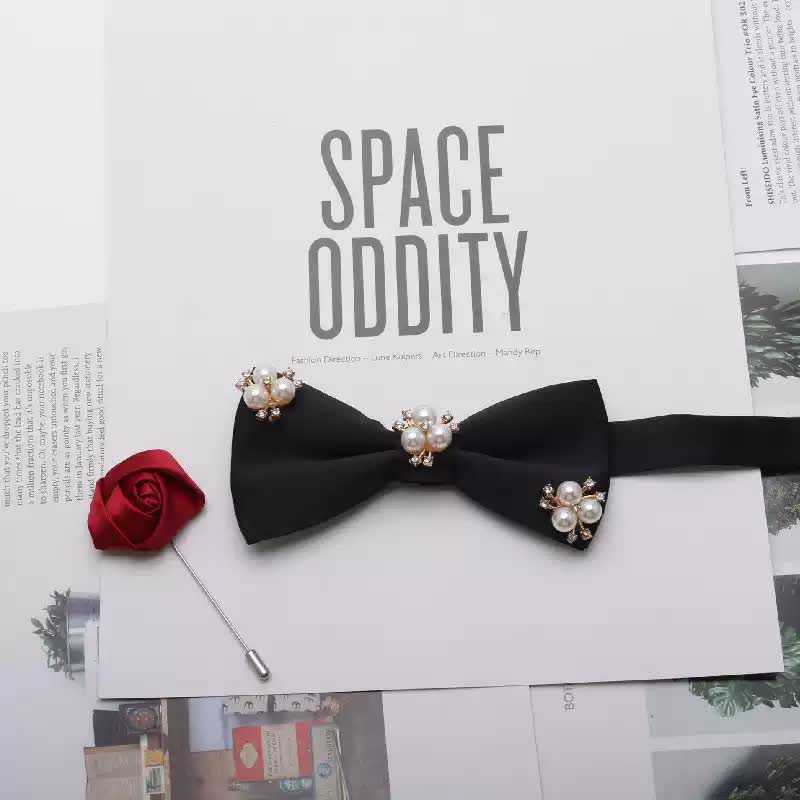 2Pcs Men's Gold Metal Pearl Flower Decors Red Corsage Bow Tie Set