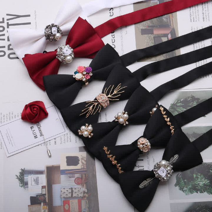 2Pcs Men's Gold Metal Pearl Flower Decors Red Corsage Bow Tie Set