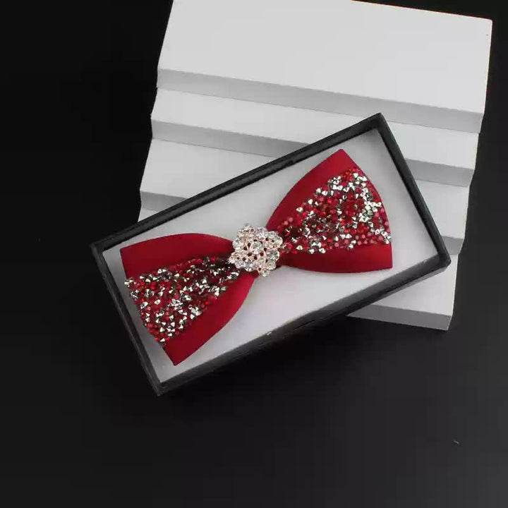 2Pcs Men's Shiny Rhinestone Bling Red Corsage Bow Tie Set